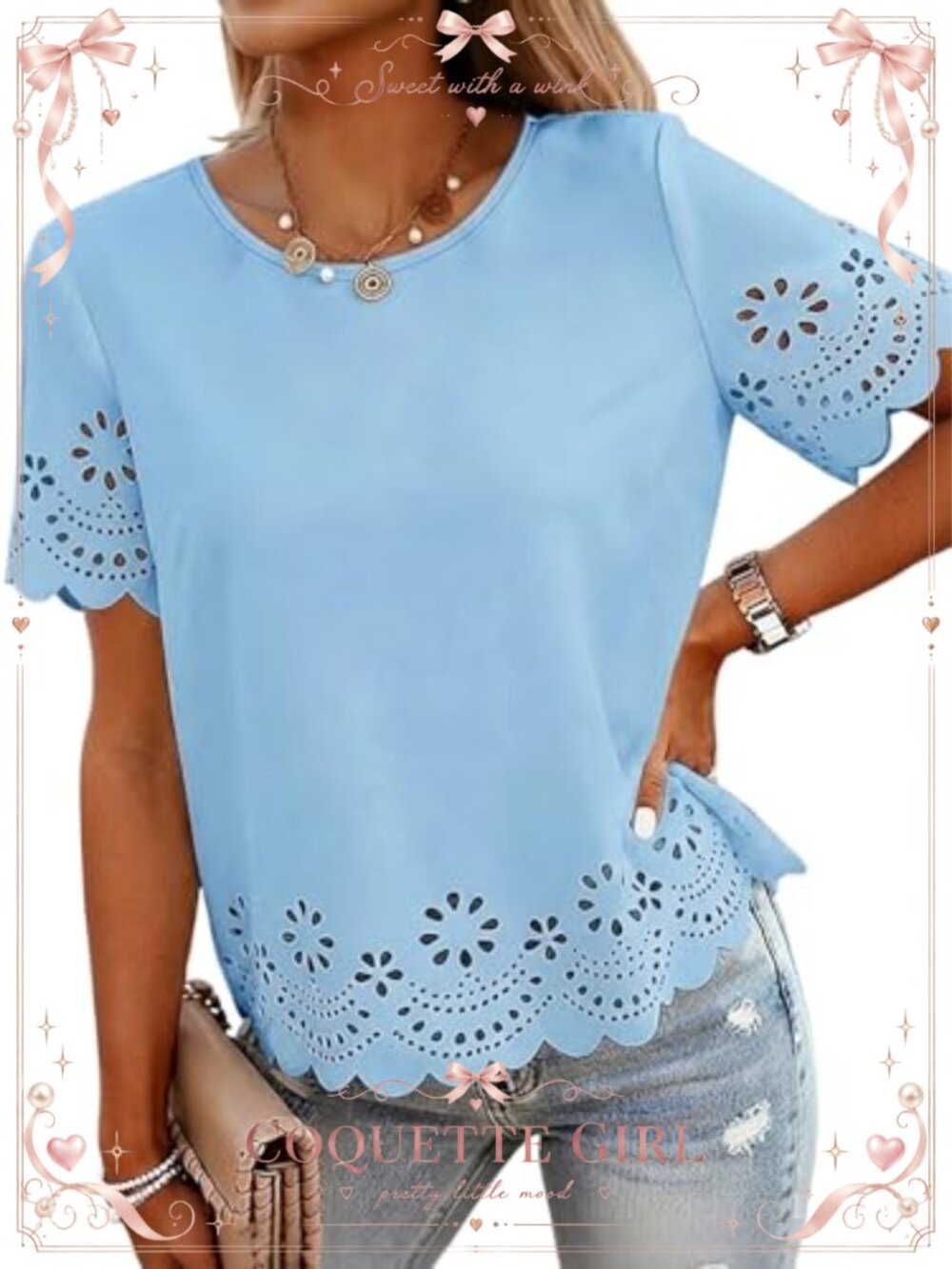 Womens Eyelet Embroidery Scallop Trim Short Sleeve Top Casual Summer Tee
